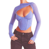 New women's open-back slim vest round neck long-sleeved mesh short cropped navel T-shirt