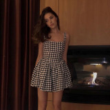 Spring and summer new women's suspenders with a word collar sexy backless houndstooth temperament slim dress