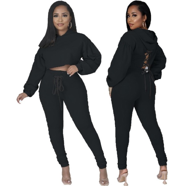 Women's clothing cute fashion temperament commuter spring and autumn solid color hooded two-piece set