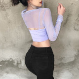 New women's open-back slim vest round neck long-sleeved mesh short cropped navel T-shirt