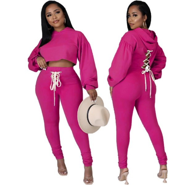 Women's clothing cute fashion temperament commuter spring and autumn solid color hooded two-piece set