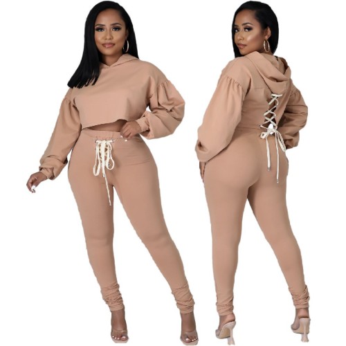Women's clothing cute fashion temperament commuter spring and autumn solid color hooded two-piece set