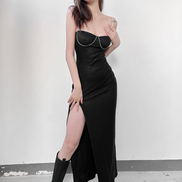 Spring and summer new women's fashion suspenders sexy one-shoulder slim slit temperament dress women