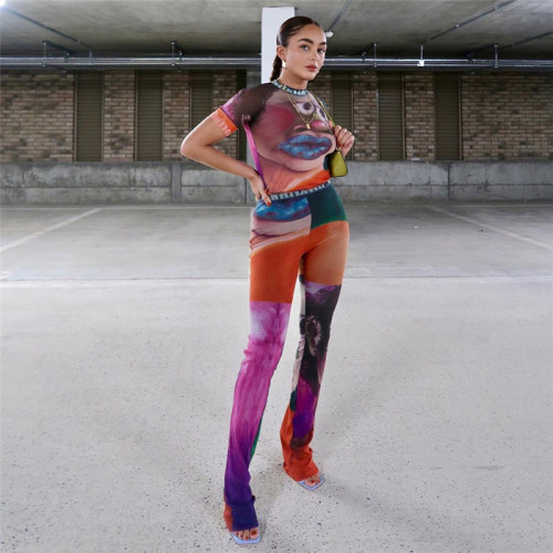 Autumn and winter women's new fashion print short-sleeved T-shirt sports casual trousers suit