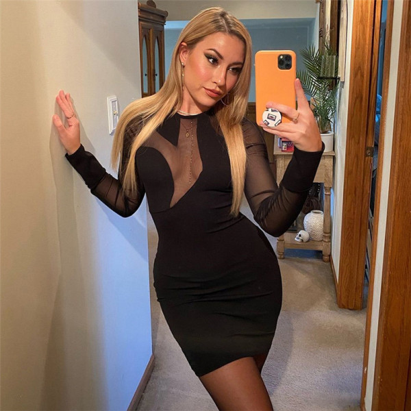 New women's fashion round neck long sleeve stitching sexy perspective slim fit hip dress