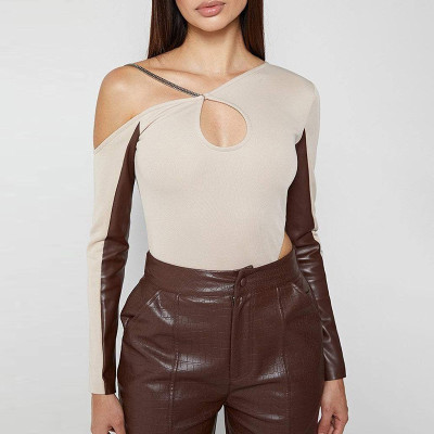 New women's fashion oblique shoulder sleeves hollow contrast color stitching slim long-sleeved T-shirt women