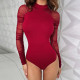 New women's round neck fashion mesh stitching long-sleeved slim solid color jumpsuit