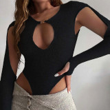 New Women's Fashion Round Neck Long Sleeve Sexy Hollow Slim Fit Solid Color Jumpsuit