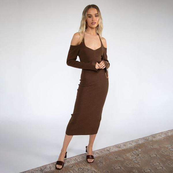 New women's fashion halter neck one-shoulder long-sleeved slim bag hip dress women
