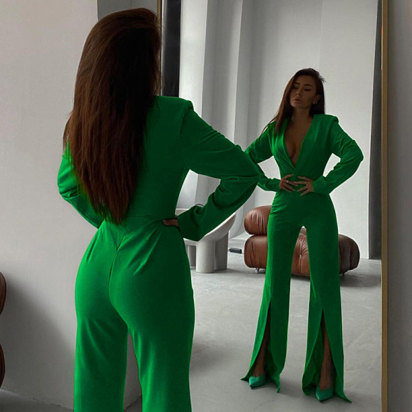 New women's long-sleeved V-neck sexy slim bag hip split one-piece wide-leg trousers women