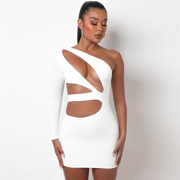 New women's fashion slanted shoulders long sleeves sexy hollow slim fit hip dress