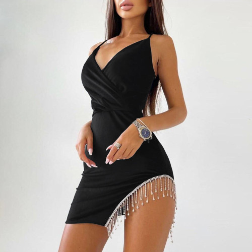 Spring and summer new women's fashion design sexy backless slim low-cut pendant stitching dress