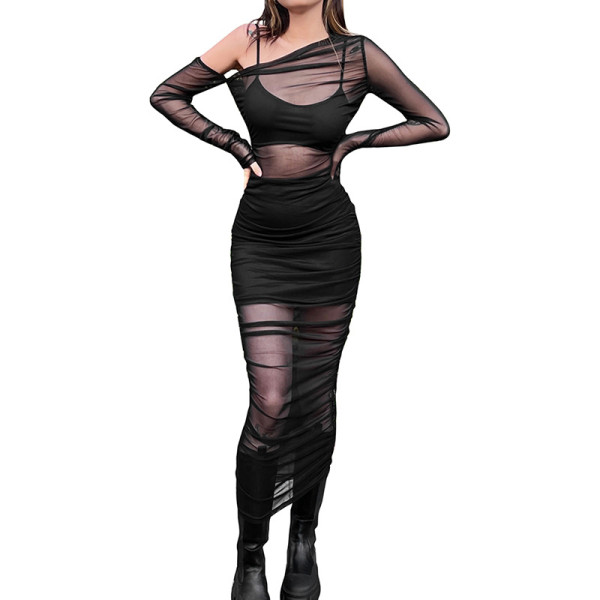 Winter new women's fashion sling vest bag hip skirt mesh dress suit