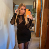 New women's fashion round neck long sleeve stitching sexy perspective slim fit hip dress