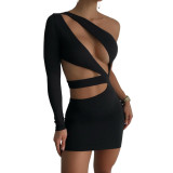 New women's fashion slanted shoulders long sleeves sexy hollow slim fit hip dress