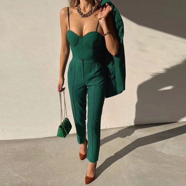 Winter new women's fashion suspenders one-shoulder vest slim straight trousers suit women