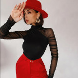 New women's round neck fashion mesh stitching long-sleeved slim solid color jumpsuit