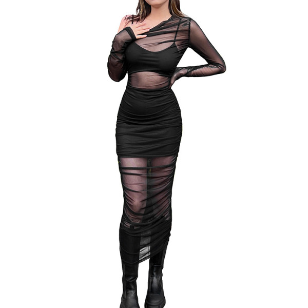 Winter new women's fashion sling vest bag hip skirt mesh dress suit
