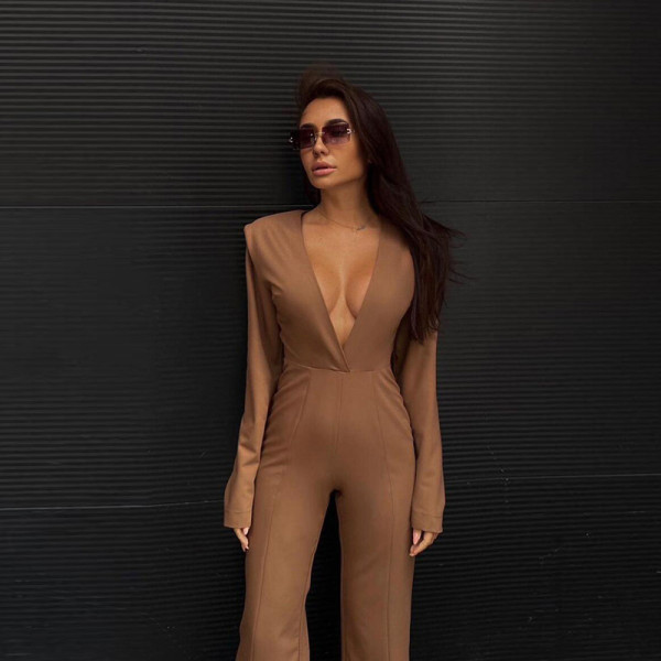 New women's long-sleeved V-neck sexy slim bag hip split one-piece wide-leg trousers women
