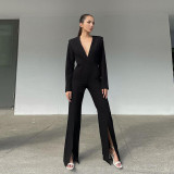 New women's long-sleeved V-neck sexy slim bag hip split one-piece wide-leg trousers women