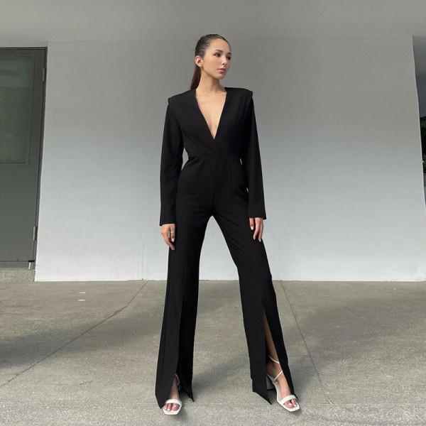 New women's long-sleeved V-neck sexy slim bag hip split one-piece wide-leg trousers women