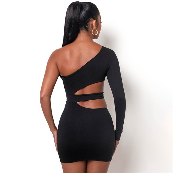 New women's fashion slanted shoulders long sleeves sexy hollow slim fit hip dress