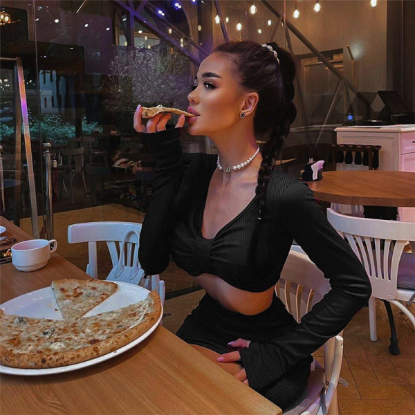 New women's fashion long-sleeved V-neck navel T-shirt slim slit skirt suit women