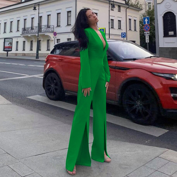 New women's long-sleeved V-neck sexy slim bag hip split one-piece wide-leg trousers women