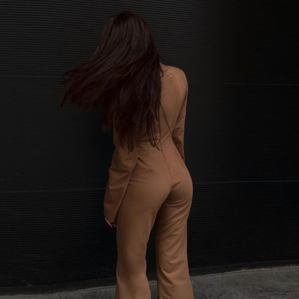 New women's long-sleeved V-neck sexy slim bag hip split one-piece wide-leg trousers women