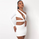 New women's fashion slanted shoulders long sleeves sexy hollow slim fit hip dress