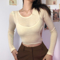 New women's fashion suspenders with a small vest, round neck, long-sleeved T-shirt, two-piece set for women New women's fashion suspenders with a small vest, round neck, long-sleeved T-shirt, two-piece set for women
