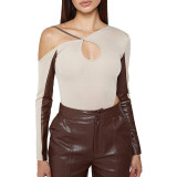 New women's fashion oblique shoulder sleeves hollow contrast color stitching slim long-sleeved T-shirt women