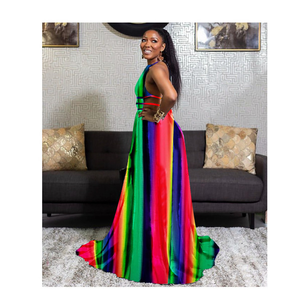 New women's long skirt with large swing drawstring retro print