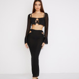 Explosive new long-sleeved T-shirt cardigan hollow tie skirt suit