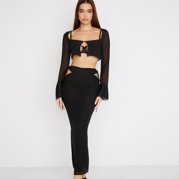 Explosive new long-sleeved T-shirt cardigan hollow tie skirt suit