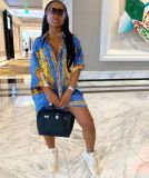 Women's Spring and Autumn Long Sleeve Print Loose Large Size Dress Shirt Skirt Top Clothes Trend