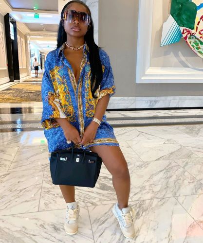 Women's Spring and Autumn Long Sleeve Print Loose Large Size Dress Shirt Skirt Top Clothes Trend