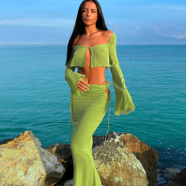 Explosive new long-sleeved T-shirt cardigan hollow tie skirt suit