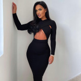 New Solid Color Cross Hollow Long Sleeve Hip Pack Dress