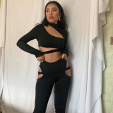 New Sexy Hollow Out Long Sleeve Navel Show Two-piece Fashion Casual Suit