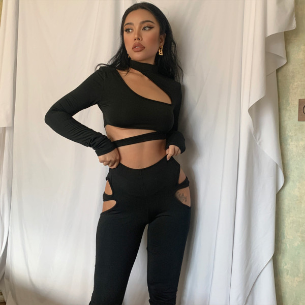 New Sexy Hollow Out Long Sleeve Navel Show Two-piece Fashion Casual Suit