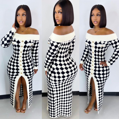 New Houndstooth Contrast Color One-Line Neck Tube Top Knit Sweater Dress