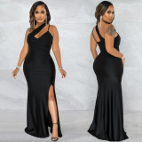 Fashionable Sexy Solid Color Diagonal Collar One Shoulder Sling Sleeveless Long Skirt Dress