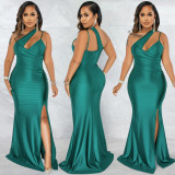 Fashionable Sexy Solid Color Diagonal Collar One Shoulder Sling Sleeveless Long Skirt Dress