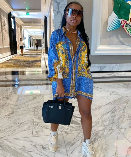 Women's Spring and Autumn Long Sleeve Print Loose Large Size Dress Shirt Skirt Top Clothes Trend
