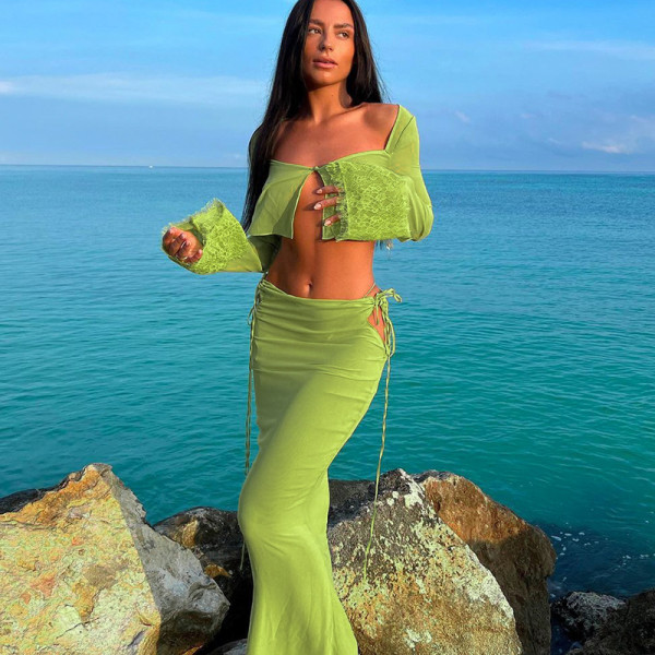 Explosive new long-sleeved T-shirt cardigan hollow tie skirt suit