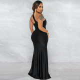 Fashionable Sexy Solid Color Diagonal Collar One Shoulder Sling Sleeveless Long Skirt Dress