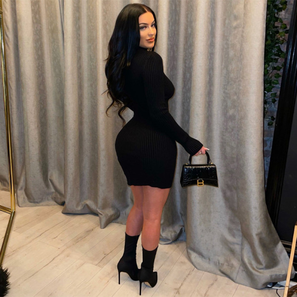 New Thin Pit Strip Solid Color Long Sleeve Fashion Slim Dress