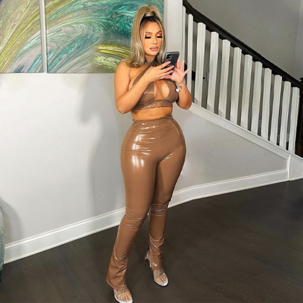 New Fashion Sexy Hollow Open Back PU Leather Tight Two-piece Set