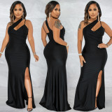 Fashionable Sexy Solid Color Diagonal Collar One Shoulder Sling Sleeveless Long Skirt Dress